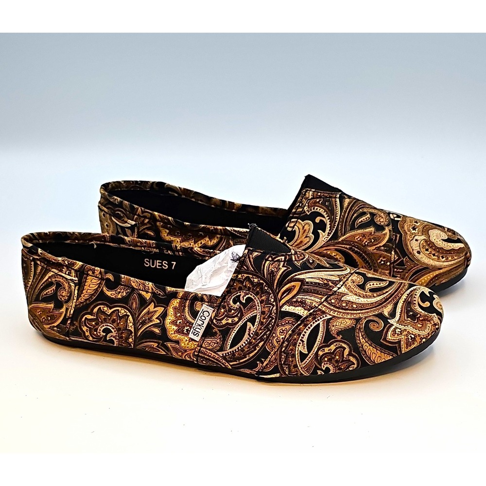 Corkys Sues Womens Paisley Brocade Canvas Slip On Flats Shoes Brown Black 7